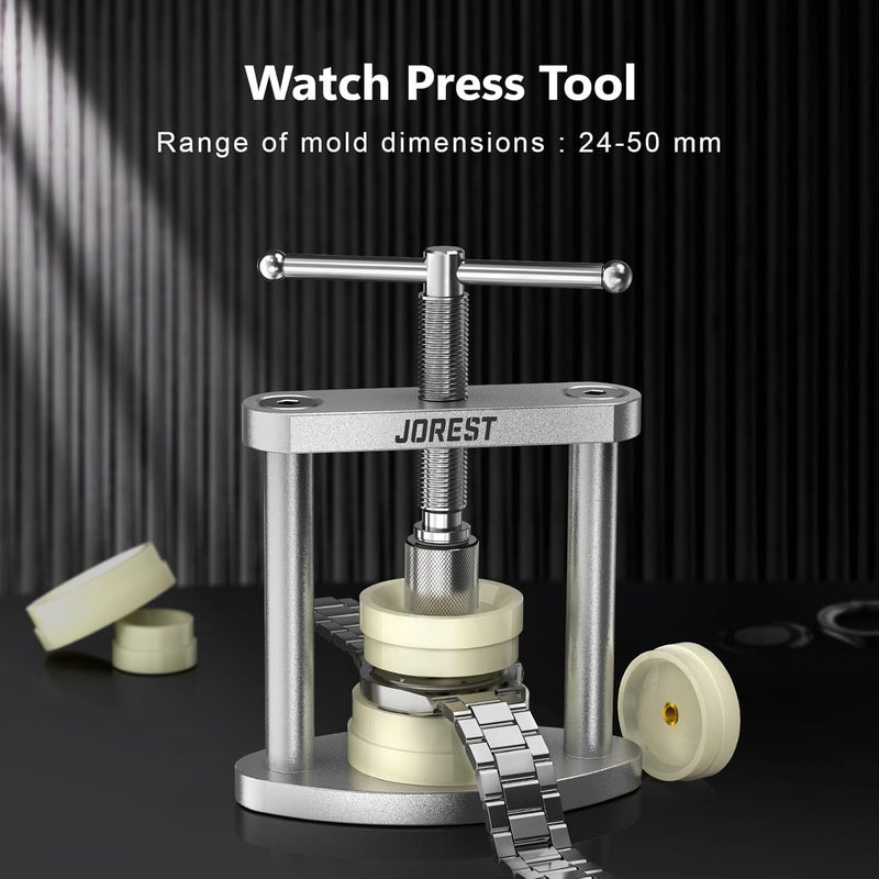 Jorest طقم إصلاح الساعات + أداة ضغط الساعات، استبدال البطارية، ضبط الحزام، مفتاح فتح الغطاء الخلفي، مفتاح فتح/إغلاق العلبة، مزيل الروابط لتعديل السوار، مفك إزالة دبابيس السوار، بار الربيع - Image 5